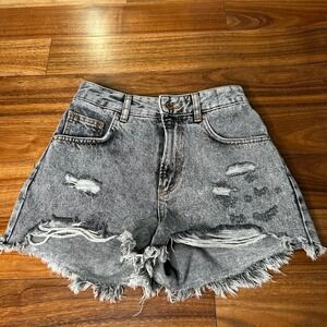 Bershka Womens High Waist Distressed Denim Shorts Grey Acid Wash Size 4 26